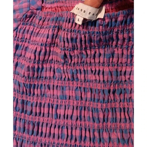 Pink & Blue Bubble Puff Sleeve Gingham Stretchy Crop Blouse Boho Peasant Hippie - Picture 5 of 6